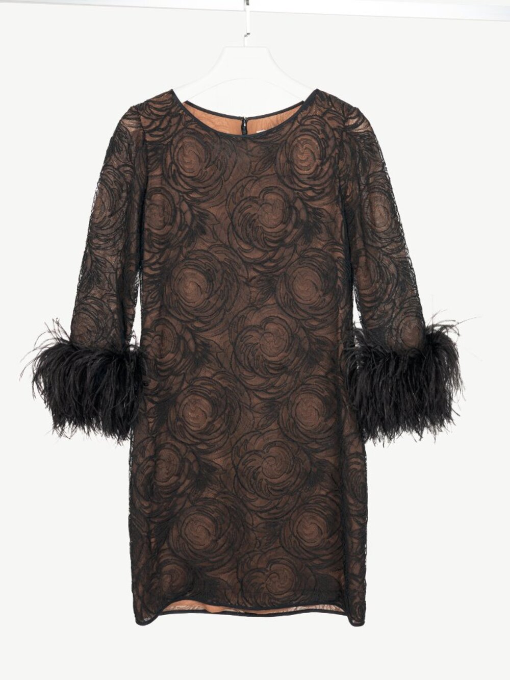 Oscar de la Renta Black Lace Feather-Cuff Mini Dress